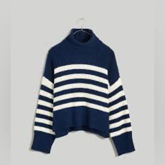 Madewell Striped Knit Navy and White Size XL Turtleneck Chunky Sweater - Picture 12 of 12
